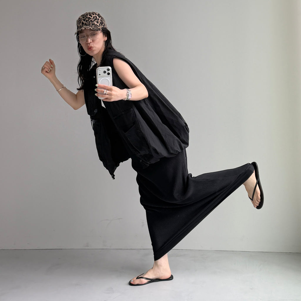 daily daily super stretch pleats cami one piece / black [FREE or LONG]