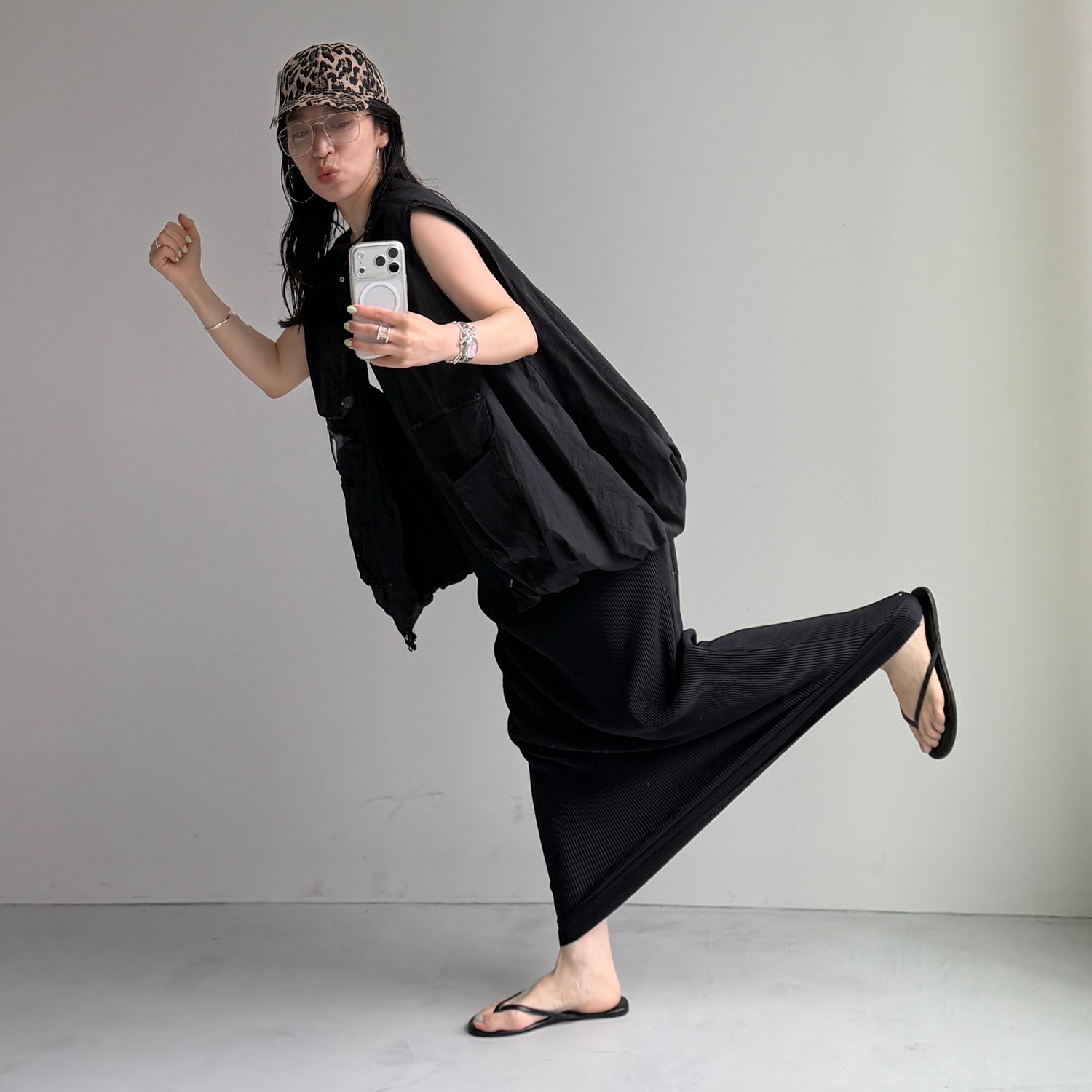 daily daily super stretch pleats cami one piece / black [FREE or LONG]
