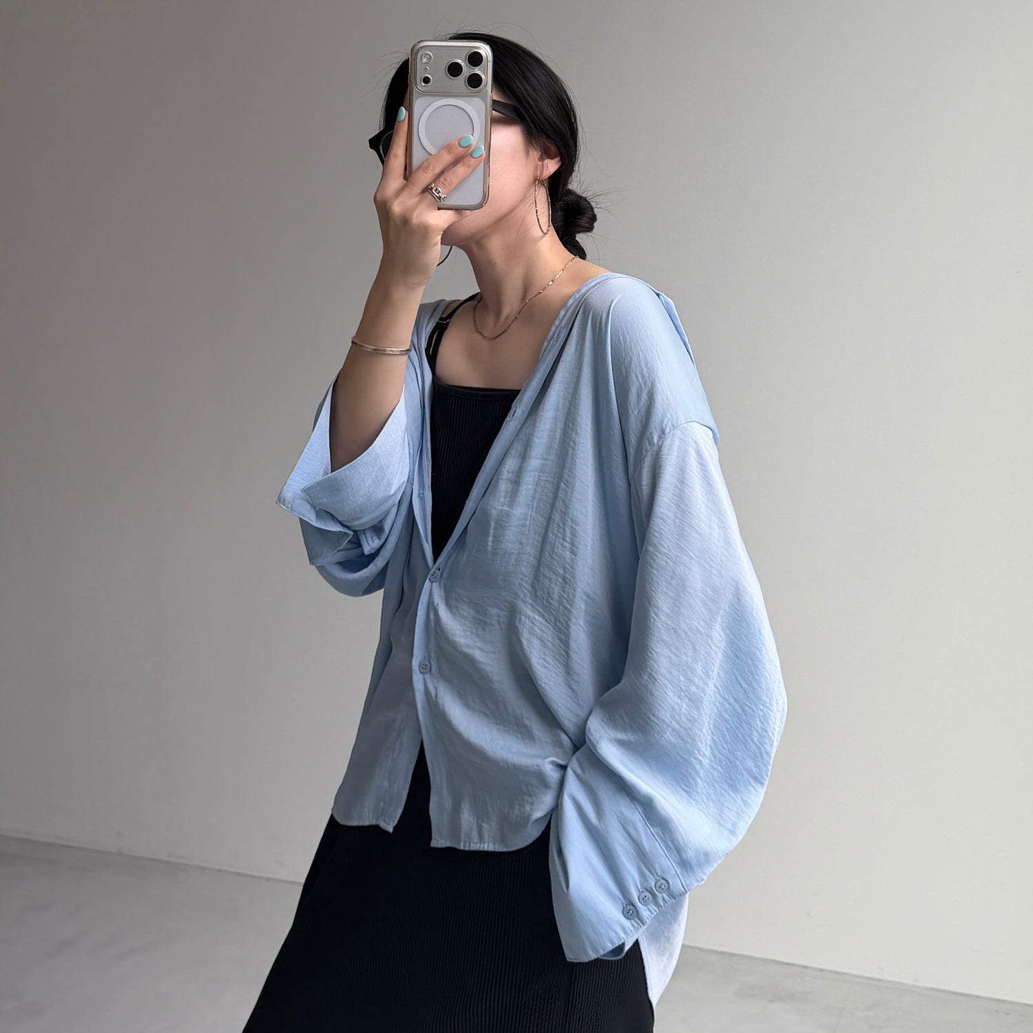 rayon hooded shirt / blue