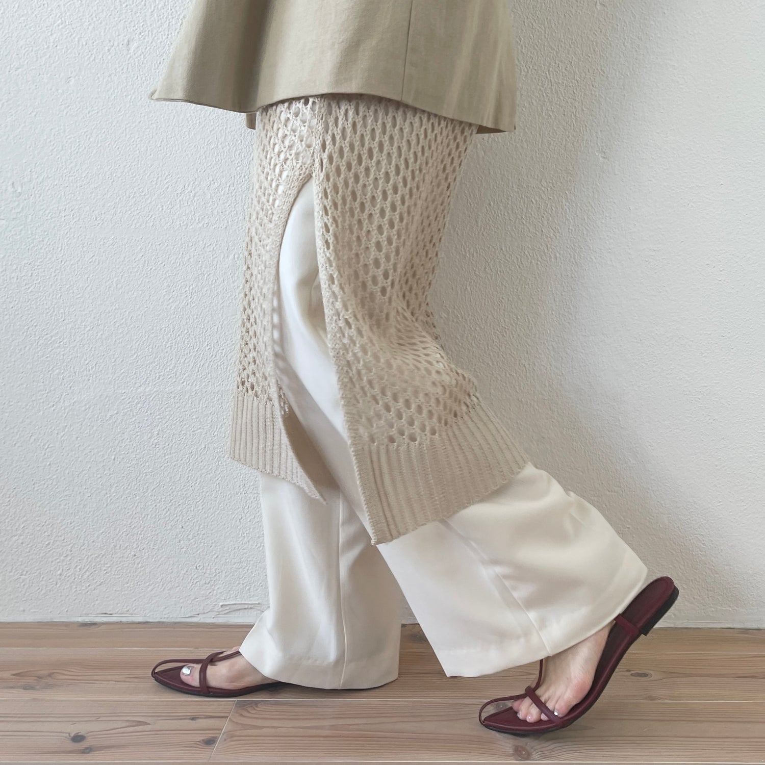 mesh long knit vest / beige