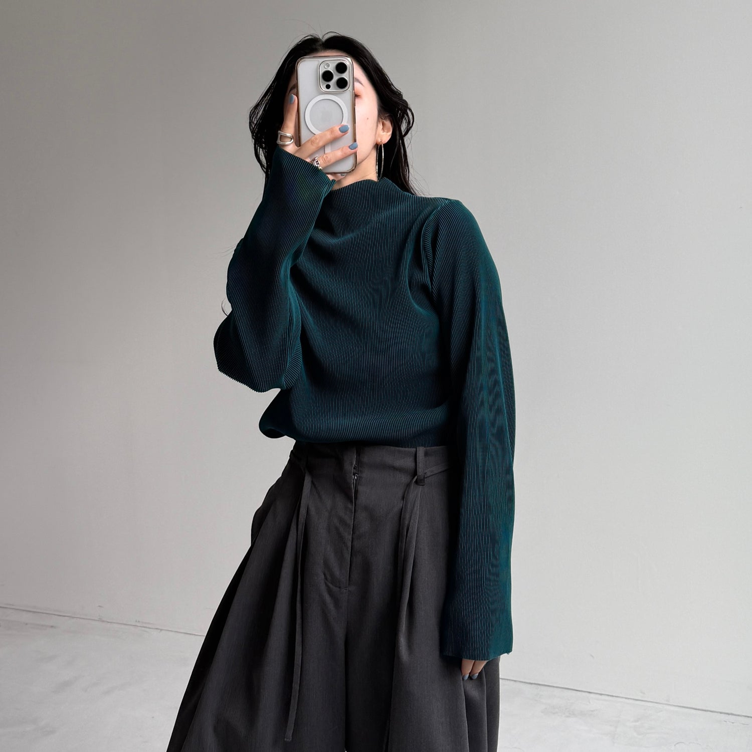 daily daily super stretch pleats tops / dark green [プチハイ or クルーネック]
