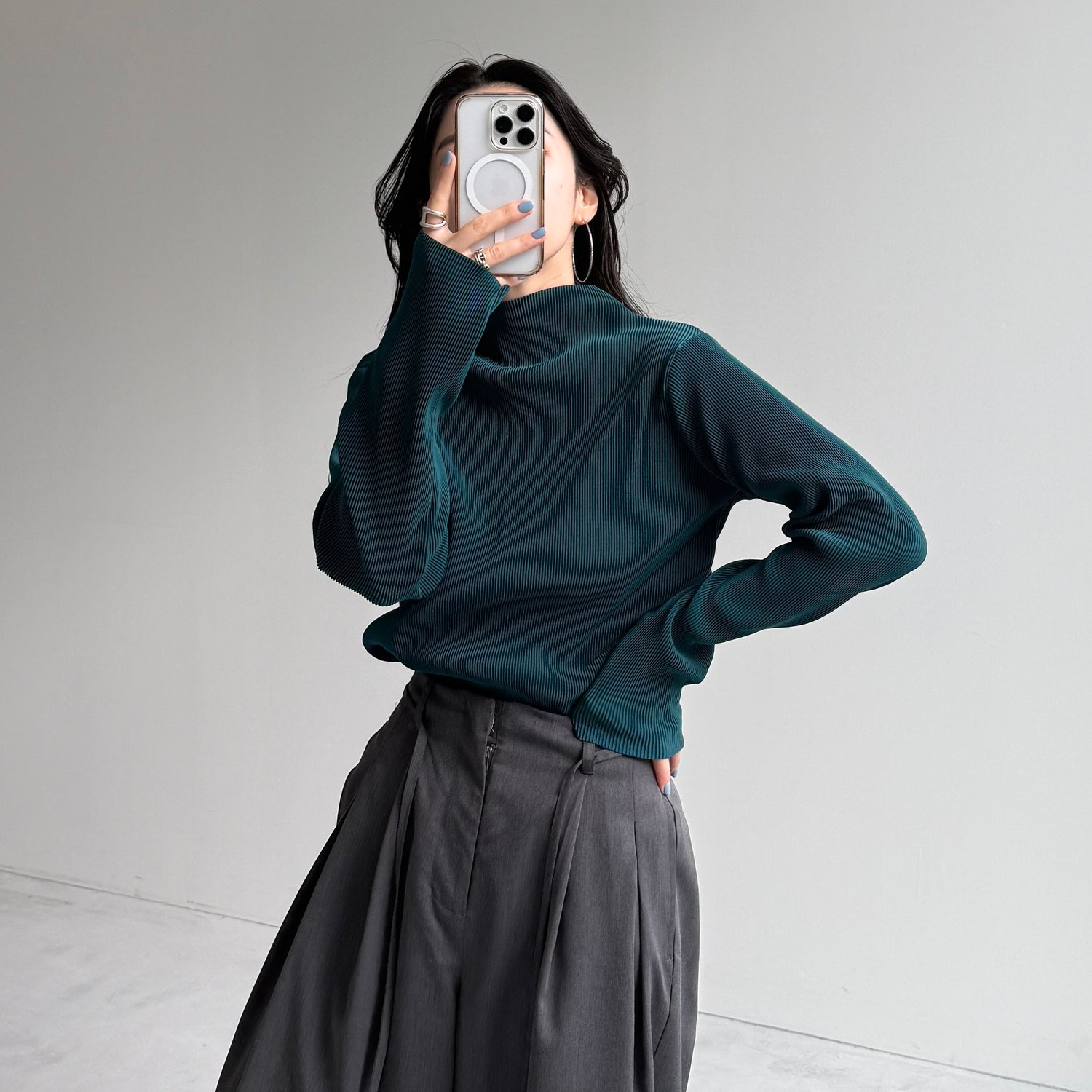 daily daily super stretch pleats tops / dark green [プチハイ or クルーネック]