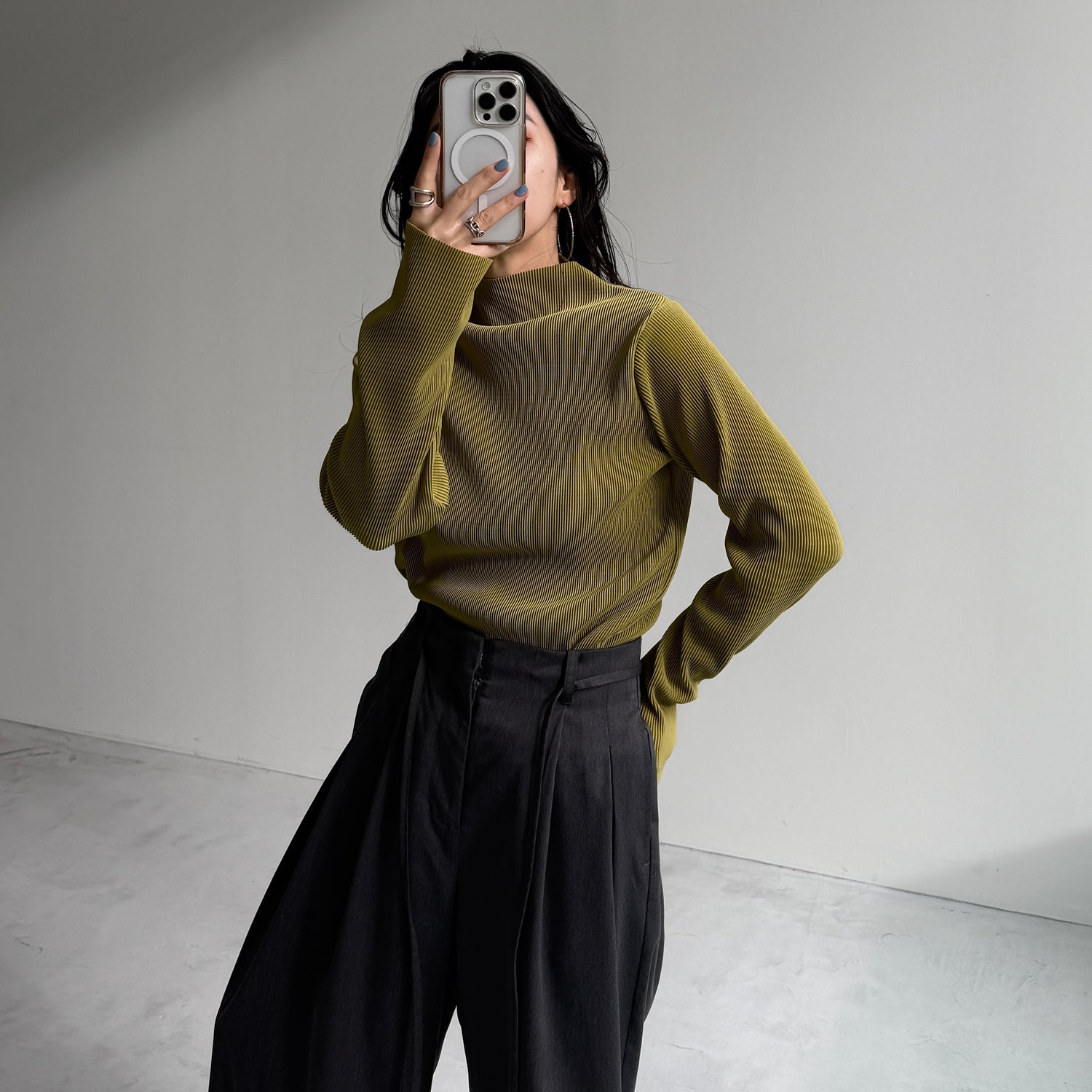 daily daily super stretch pleats tops / lime [プチハイ or クルーネック]