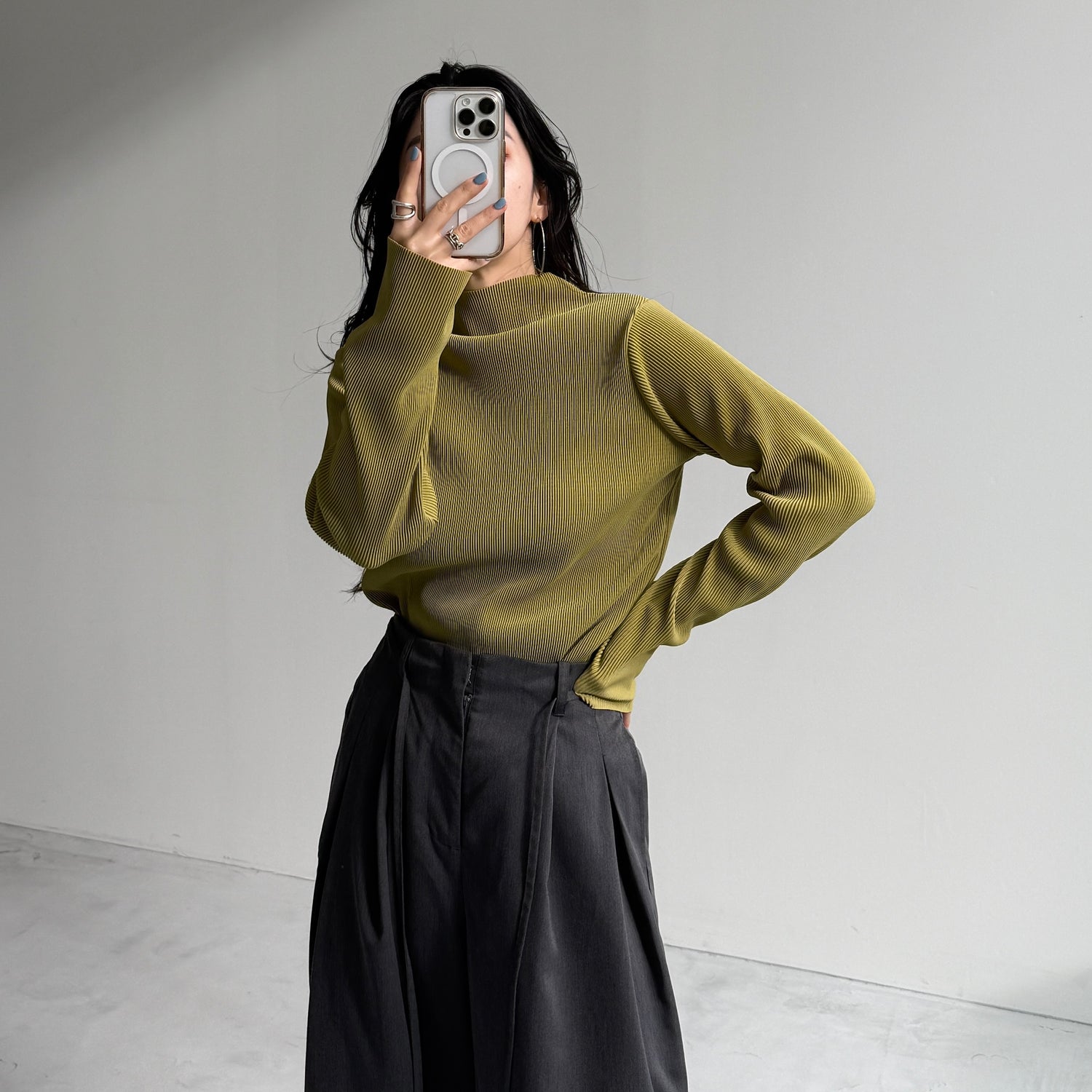 daily daily super stretch pleats tops / lime [プチハイ or クルーネック]