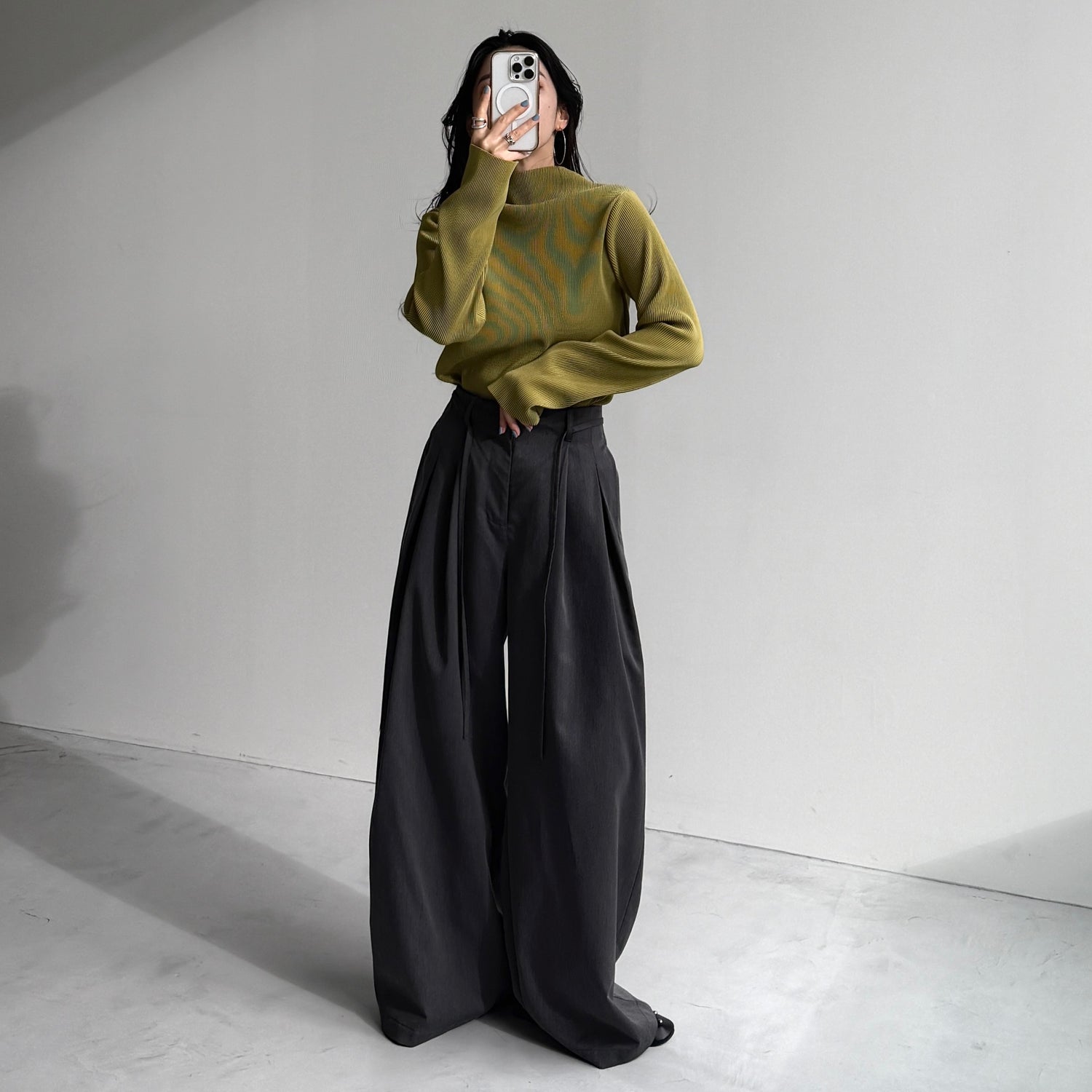 daily daily super stretch pleats tops / lime [プチハイ or クルーネック]