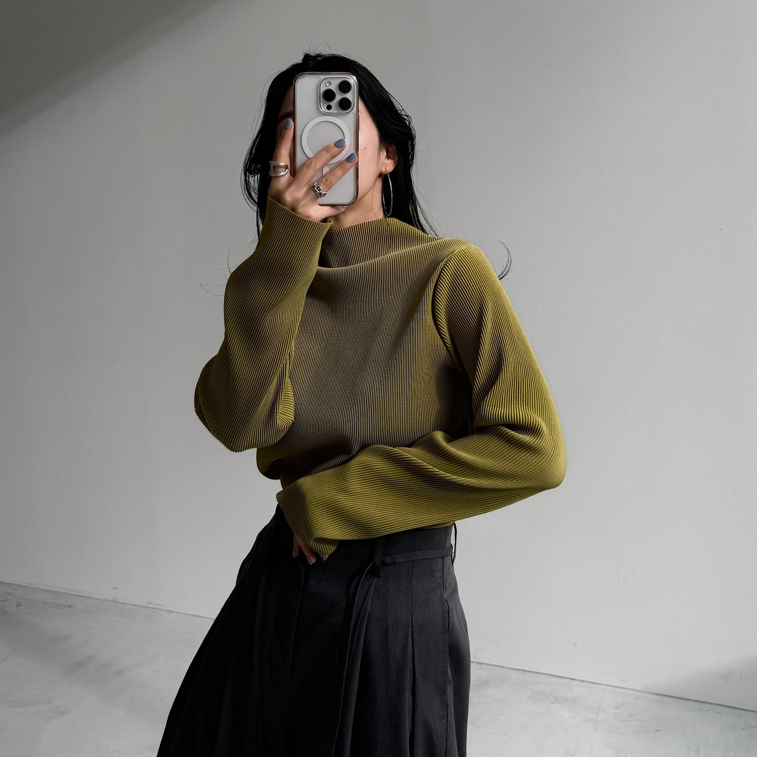 daily daily super stretch pleats tops / lime [プチハイ or クルーネック]