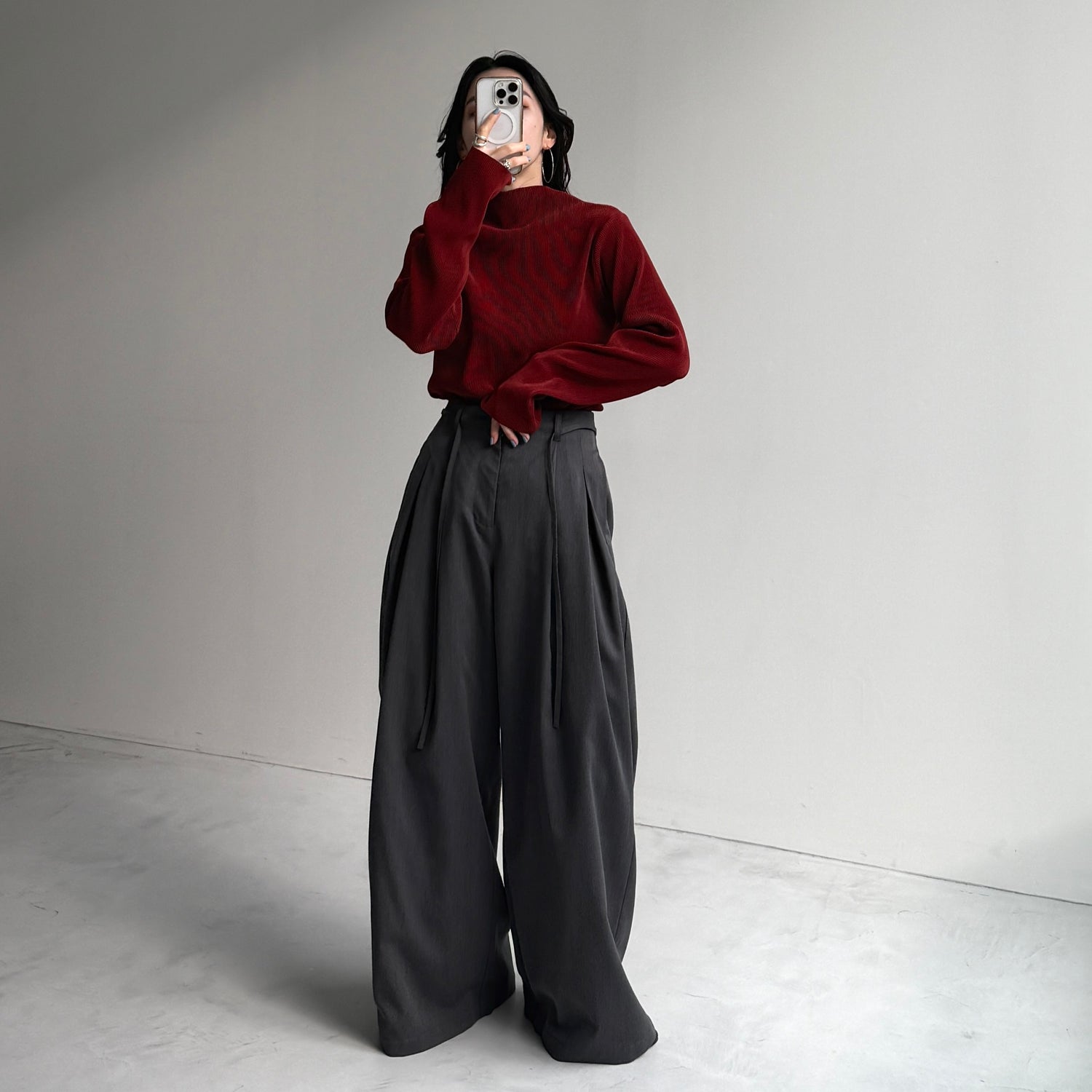 daily daily super stretch pleats tops / bordeaux [プチハイ or クルーネック]