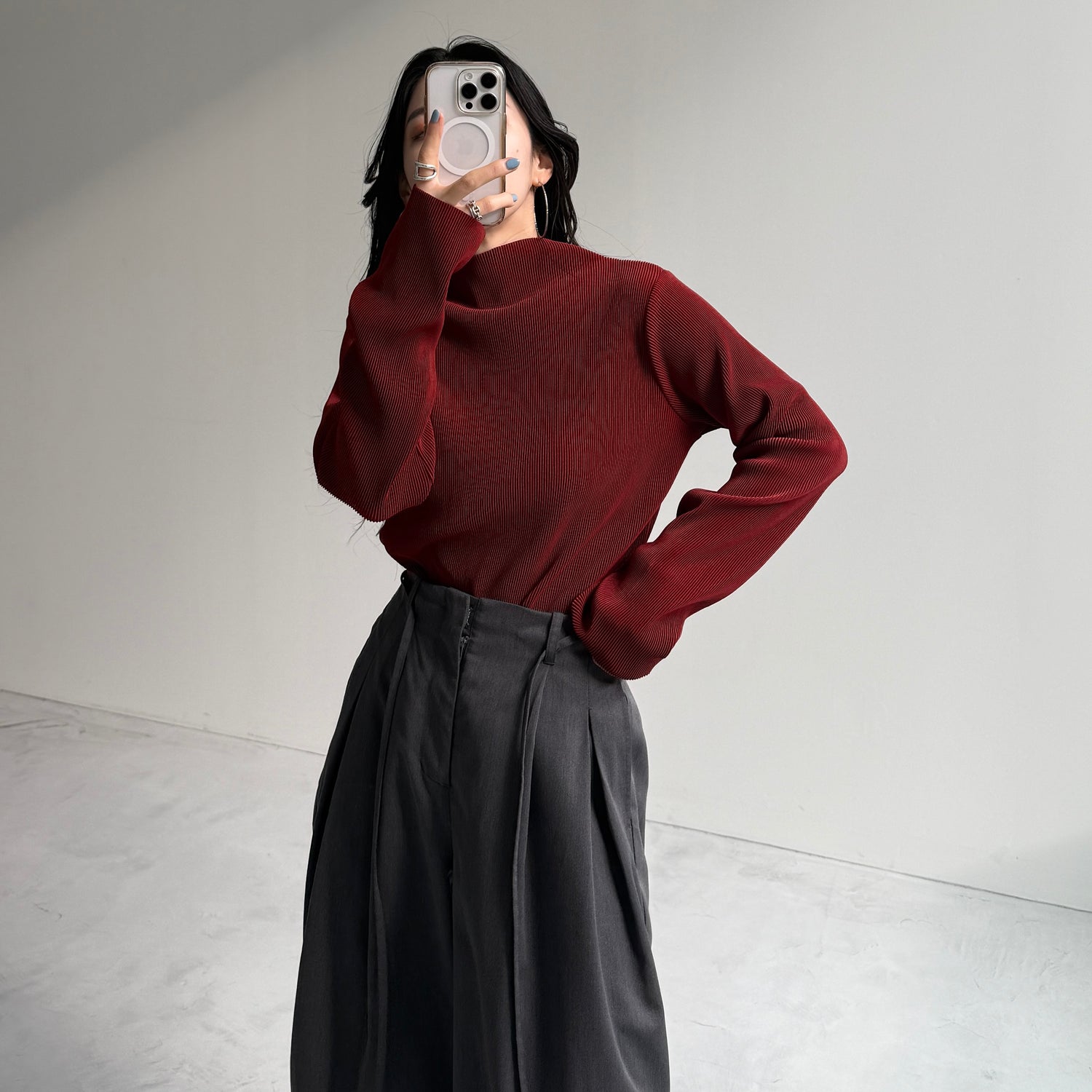 daily daily super stretch pleats tops / bordeaux [プチハイ or クルーネック]