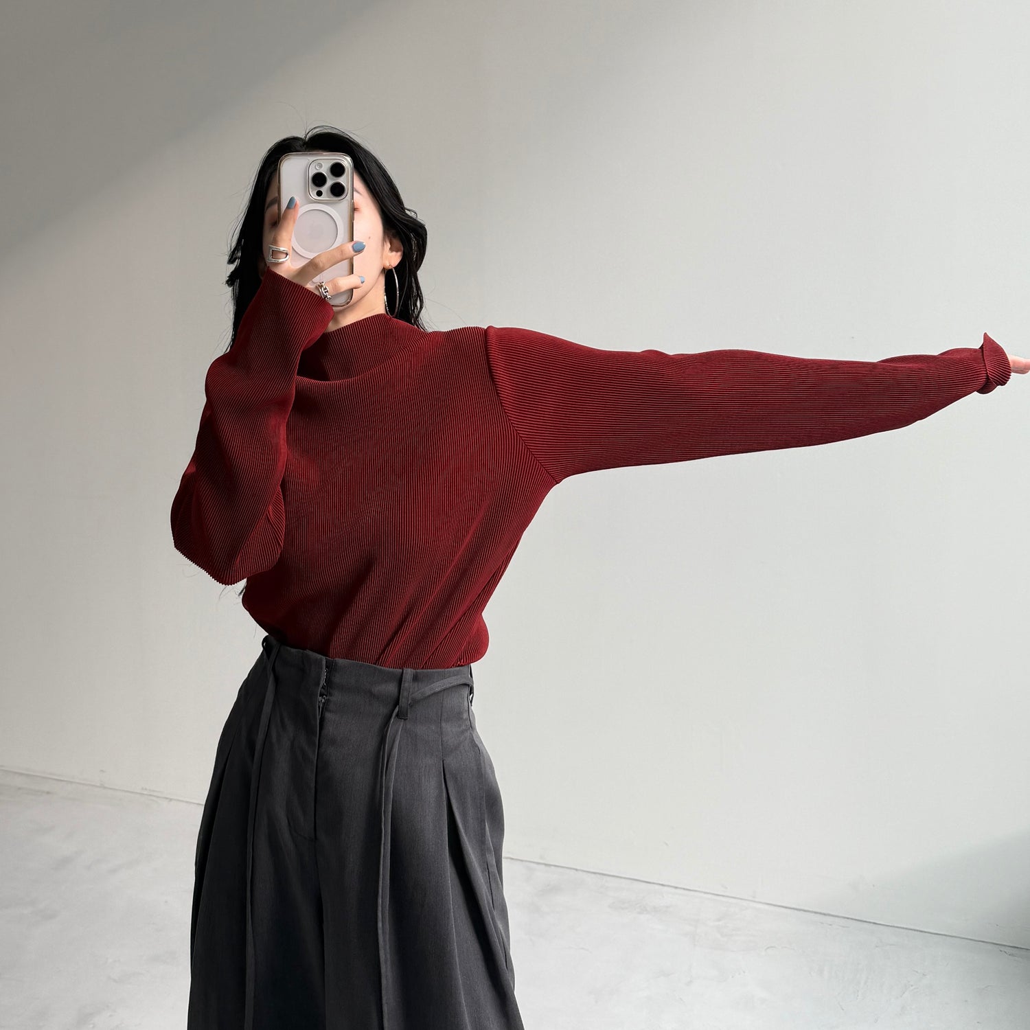 daily daily super stretch pleats tops / bordeaux [プチハイ or クルーネック]
