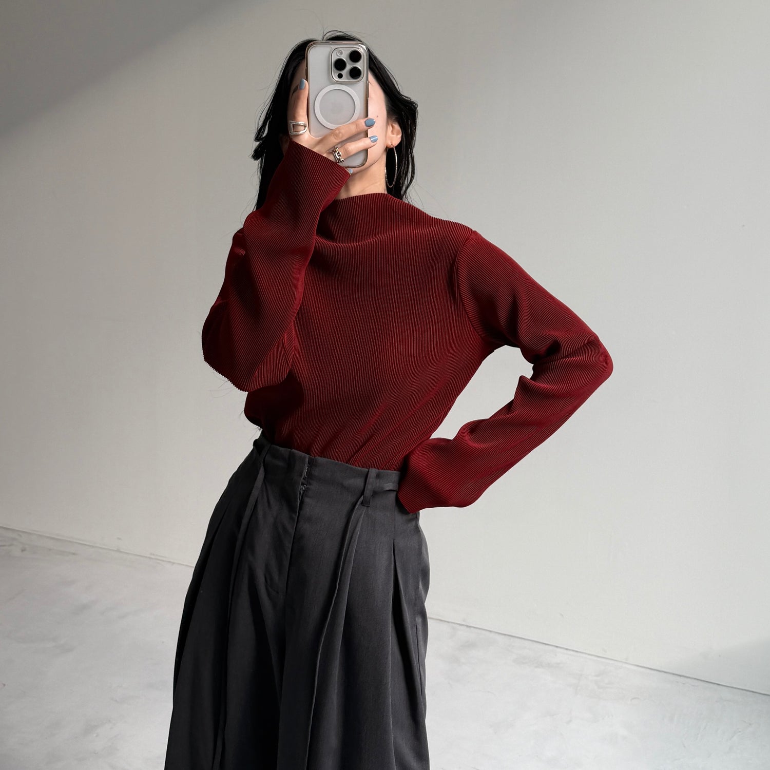daily daily super stretch pleats tops / bordeaux [プチハイ or クルーネック]