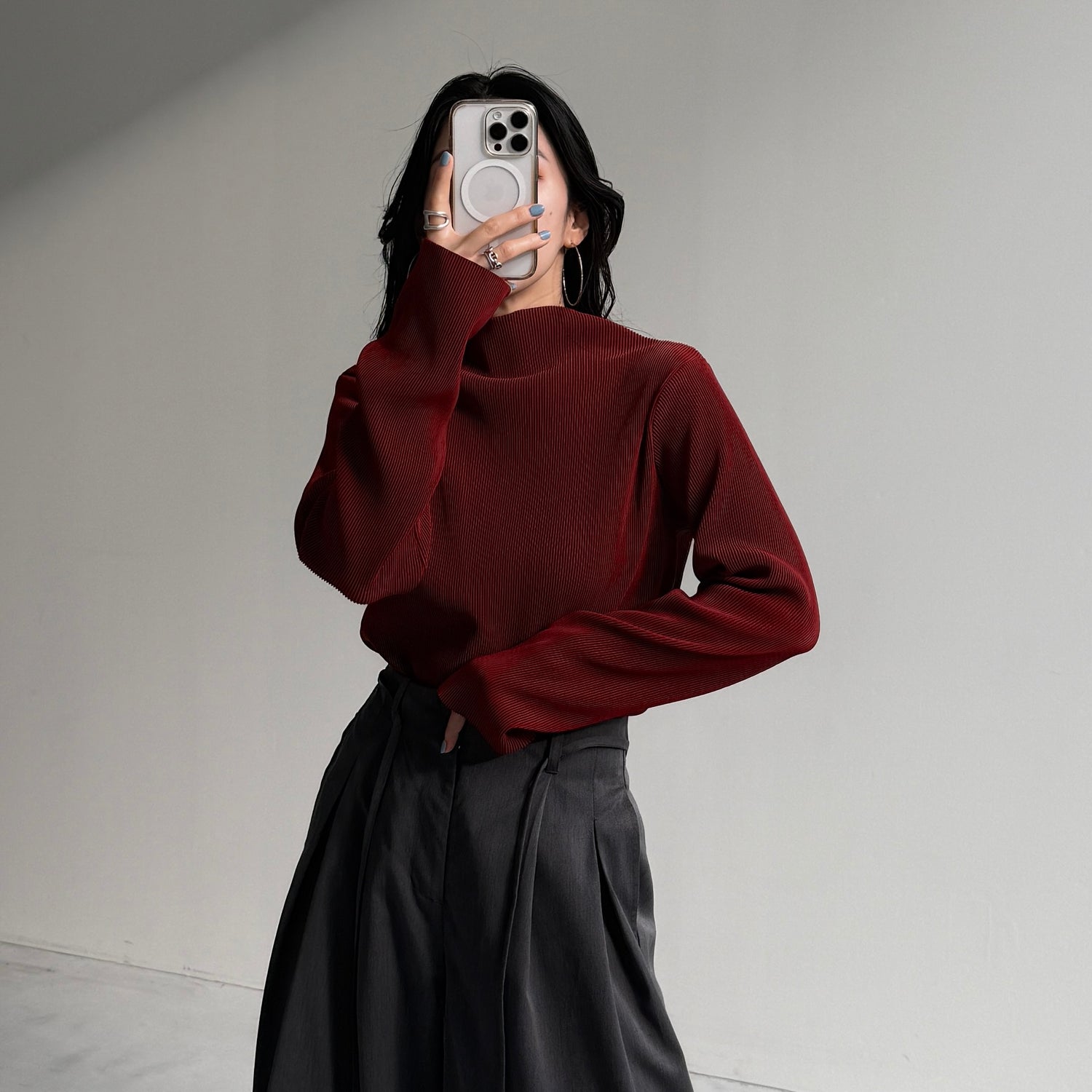 daily daily super stretch pleats tops / bordeaux [プチハイ or クルーネック]