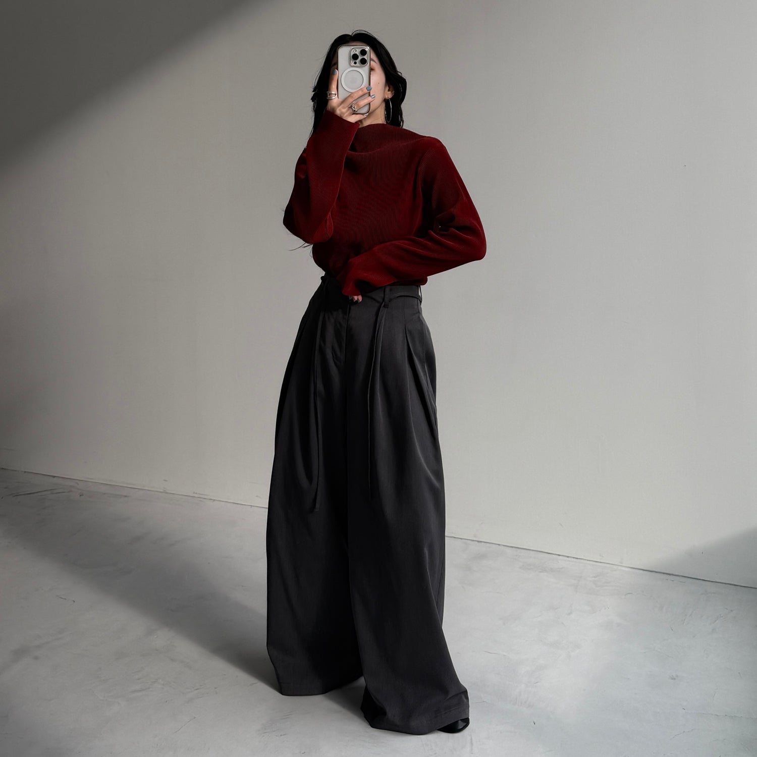 daily daily super stretch pleats tops / bordeaux [プチハイ or クルーネック]