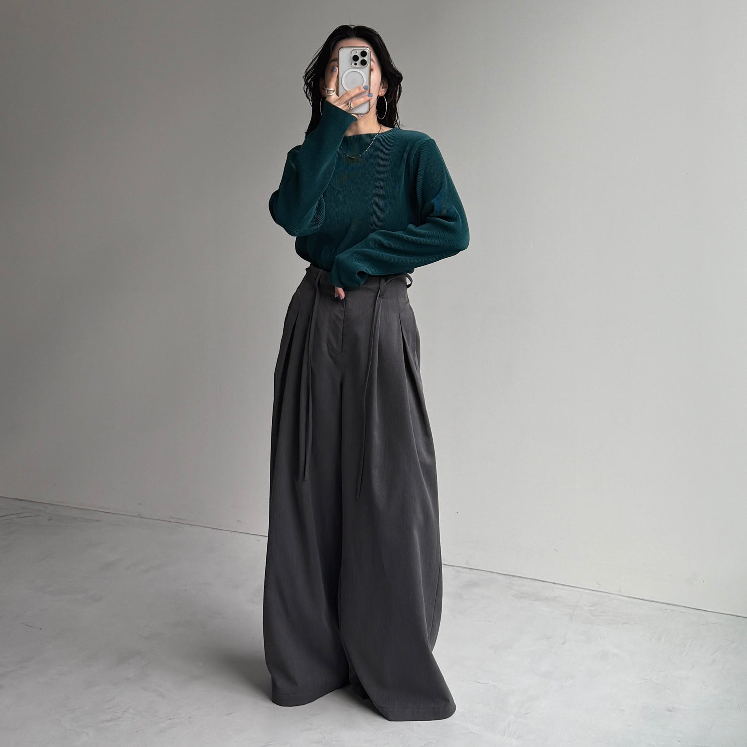 daily daily super stretch pleats tops / dark green [プチハイ or クルーネック]