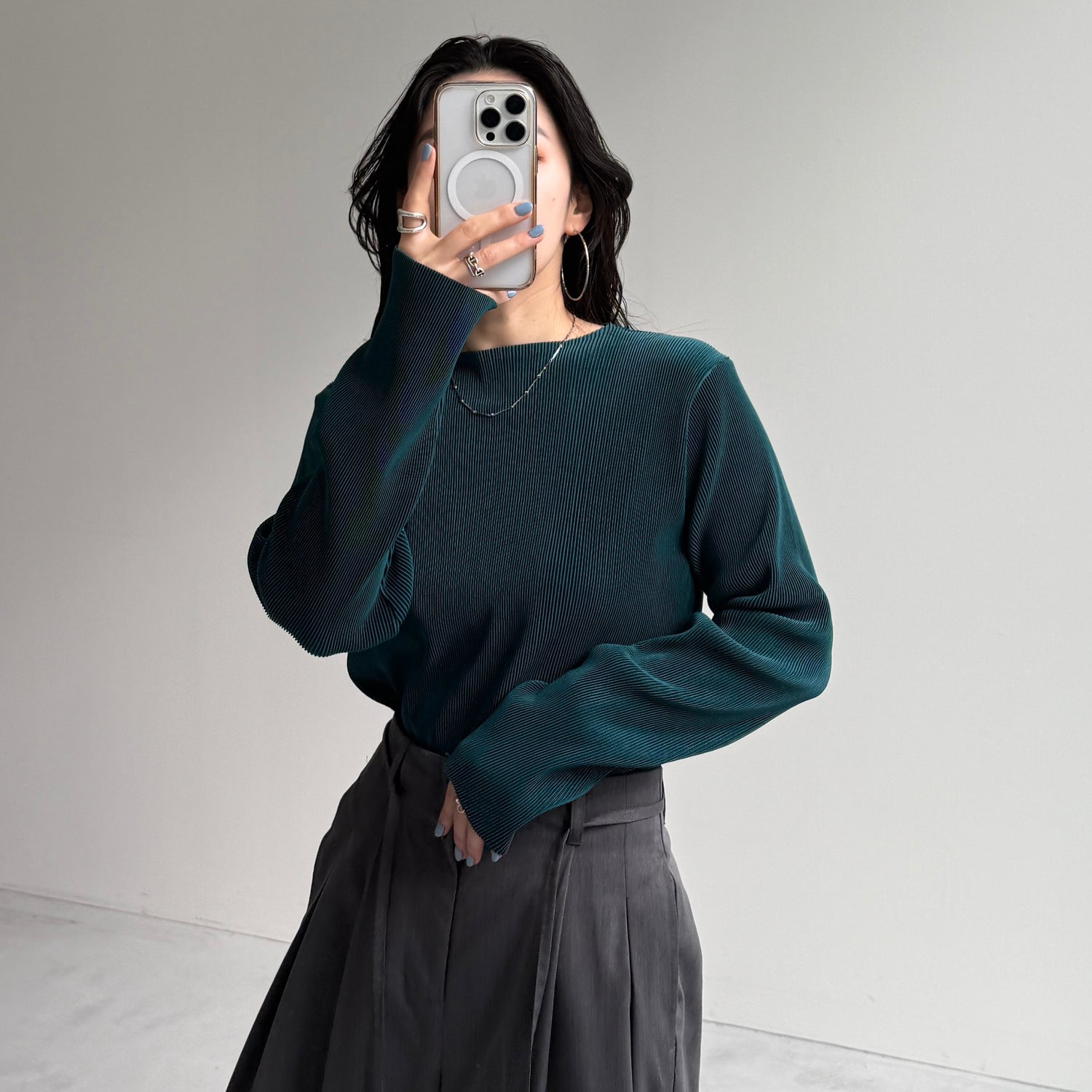 daily daily super stretch pleats tops / dark green [プチハイ or クルーネック]