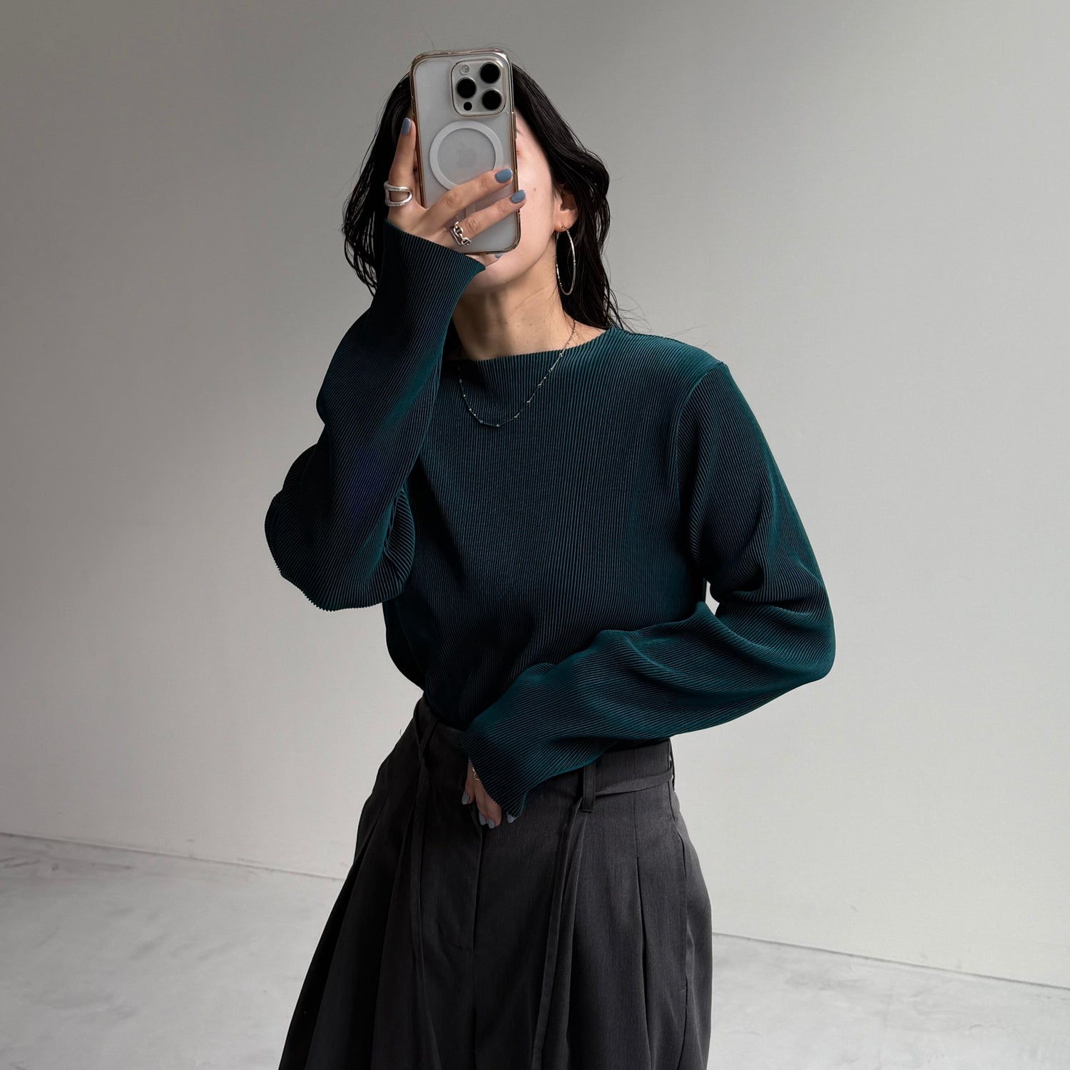 daily daily super stretch pleats tops / dark green [プチハイ or クルーネック]