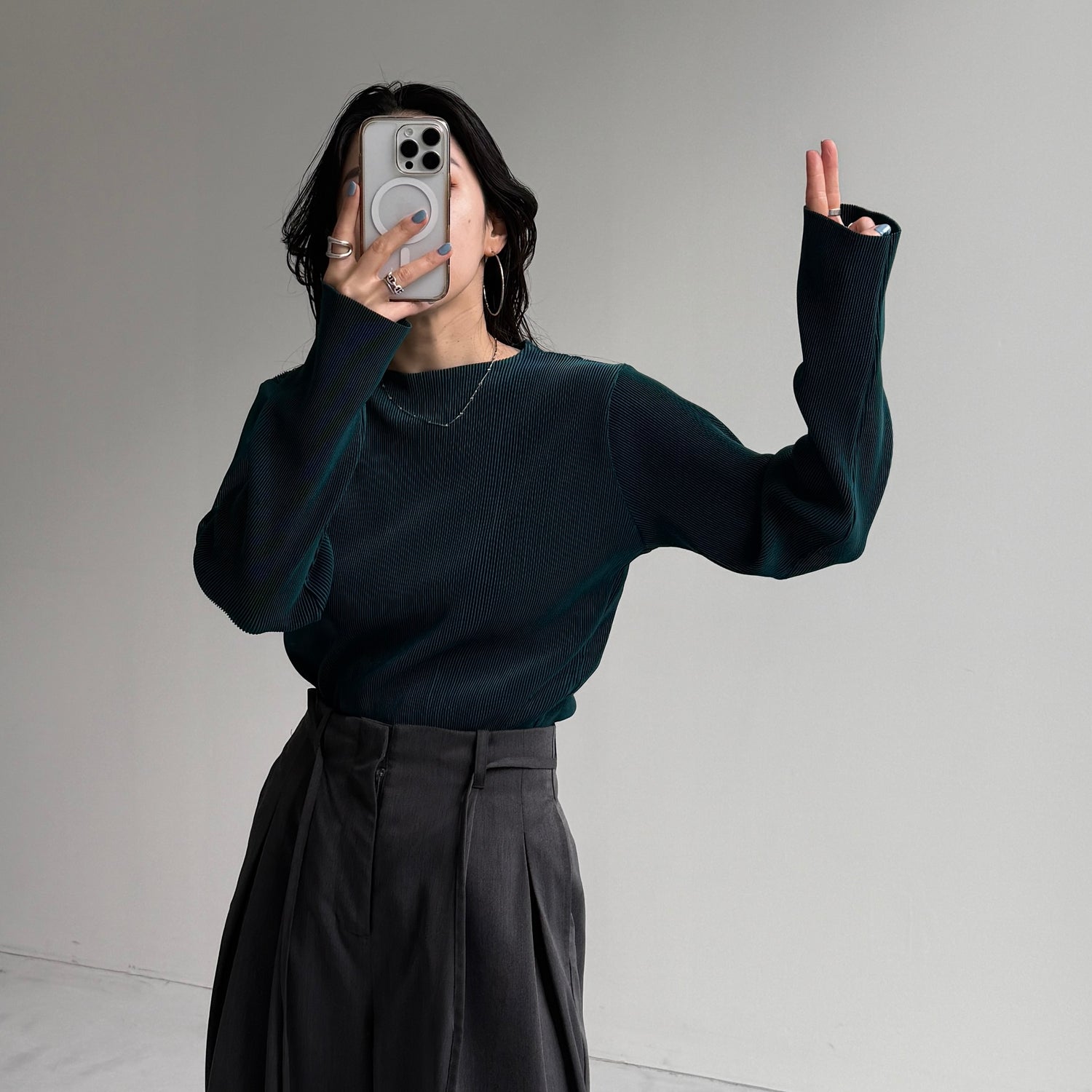 daily daily super stretch pleats tops / dark green [プチハイ or クルーネック]