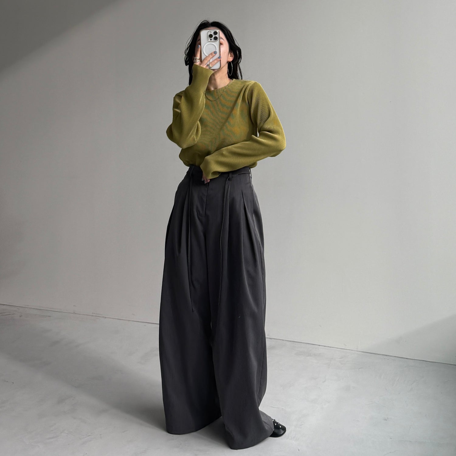 daily daily super stretch pleats tops / lime [プチハイ or クルーネック]