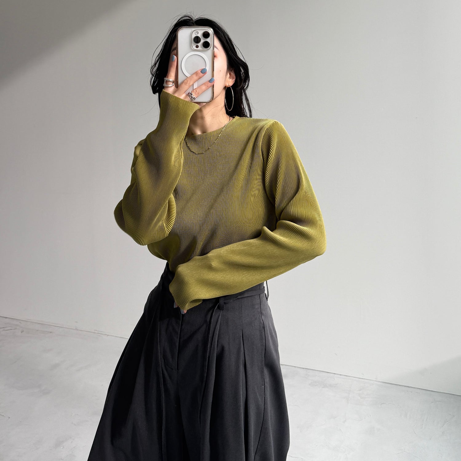 daily daily super stretch pleats tops / lime [プチハイ or クルーネック]