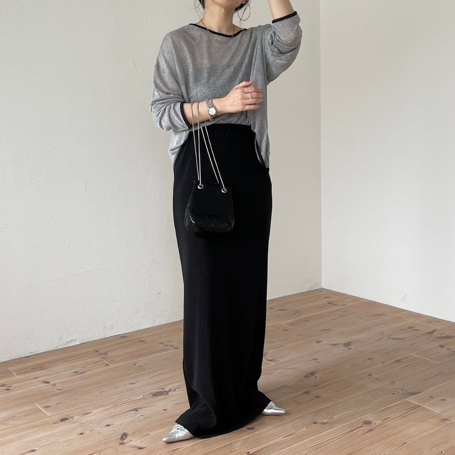 daily daily super stretch pleats skirt / black [スーパーロング再入荷]