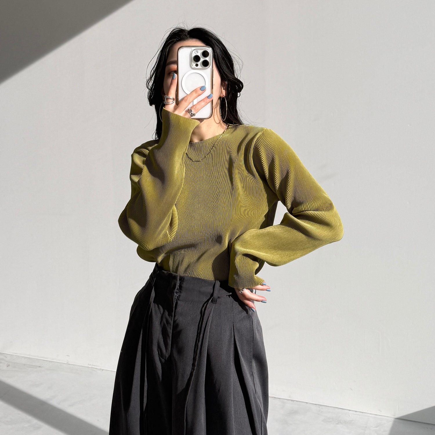 daily daily super stretch pleats tops / lime [プチハイ or クルーネック]