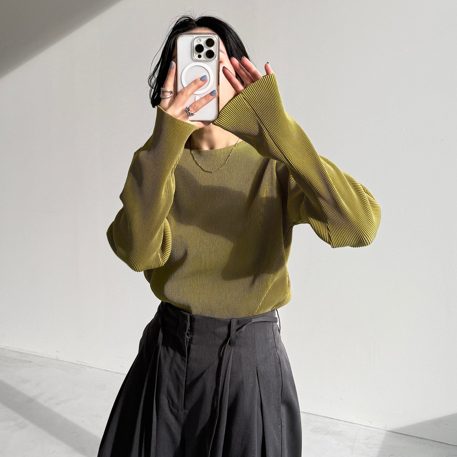daily daily super stretch pleats tops / lime [プチハイ or クルーネック]