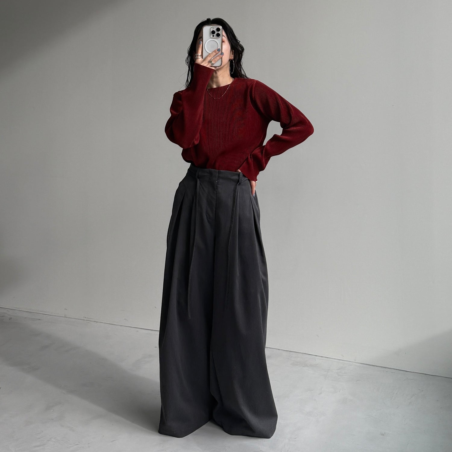 daily daily super stretch pleats tops / bordeaux [プチハイ or クルーネック]