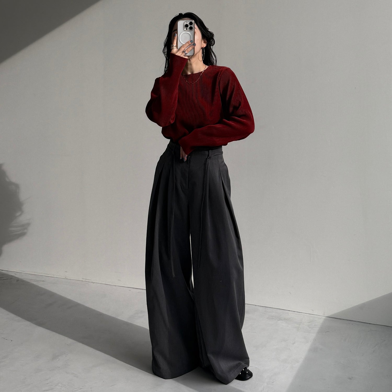 daily daily super stretch pleats tops / bordeaux [プチハイ or クルーネック]