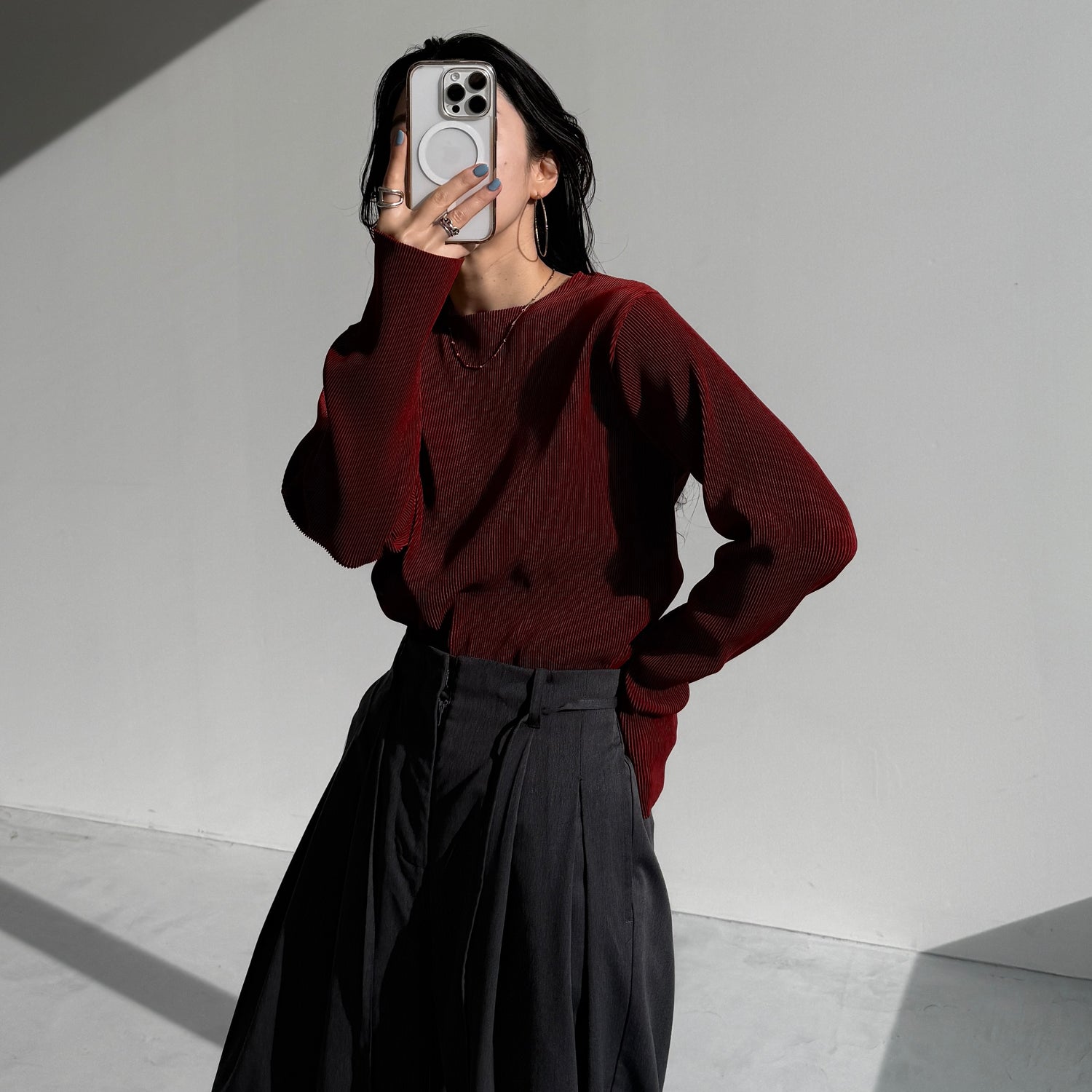 daily daily super stretch pleats tops / bordeaux [プチハイ or クルーネック]