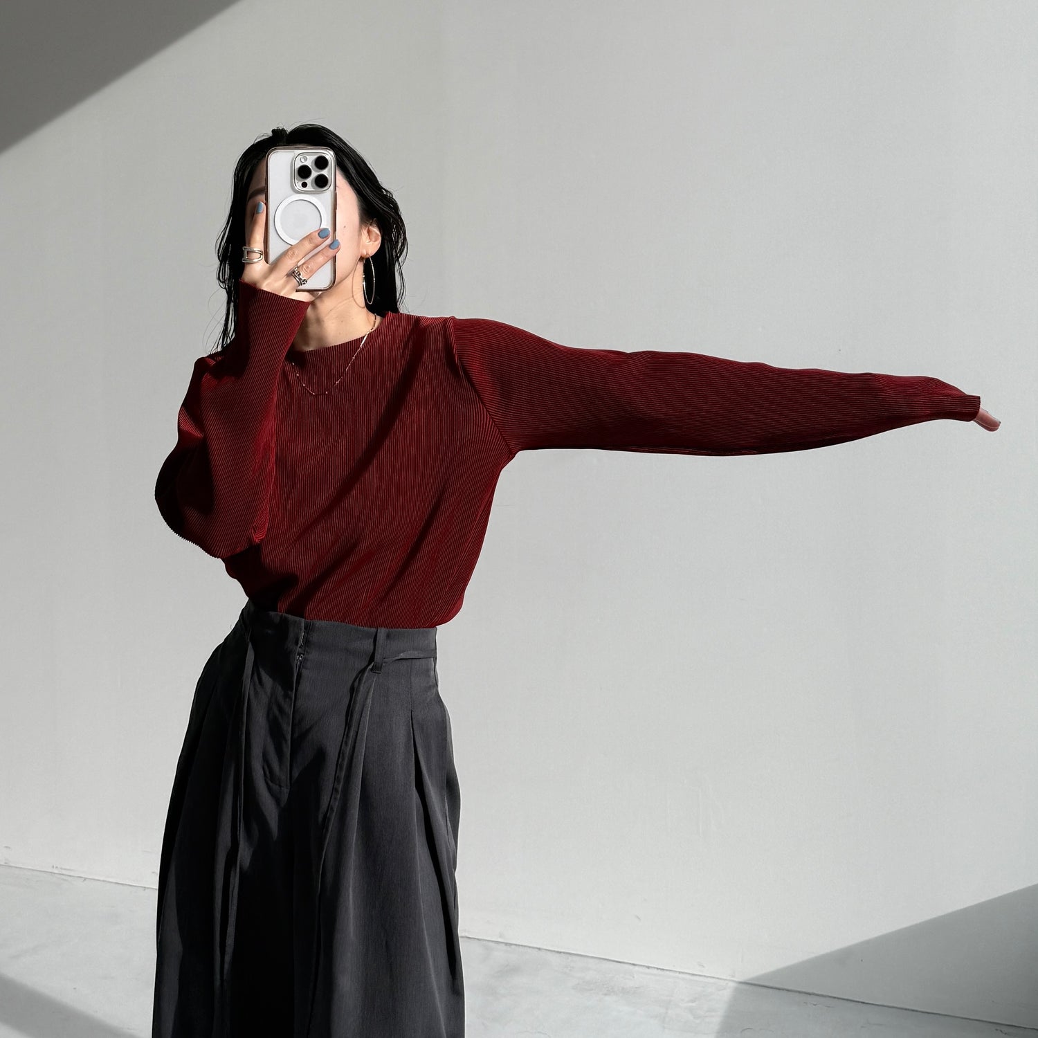 daily daily super stretch pleats tops / bordeaux [プチハイ or クルーネック]