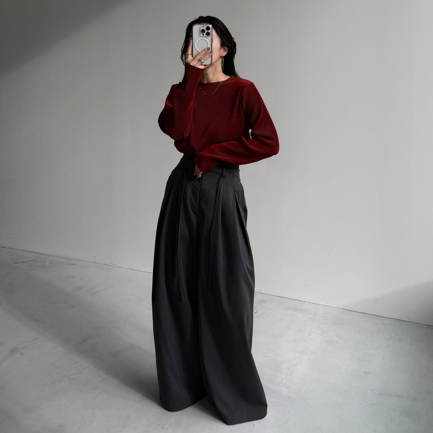 daily daily super stretch pleats tops / bordeaux [プチハイ or クルーネック]