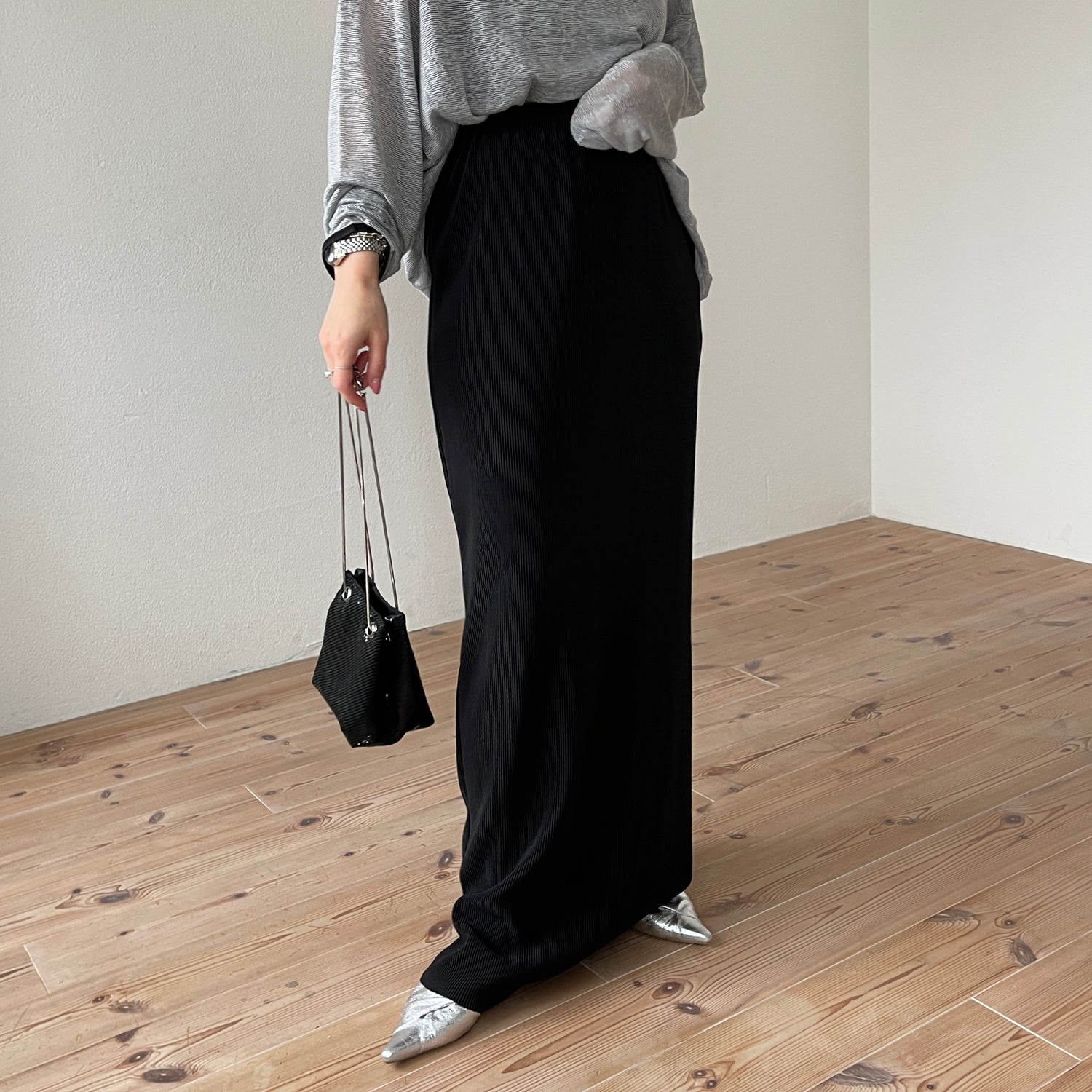 daily daily super stretch pleats skirt / black [スーパーロング]