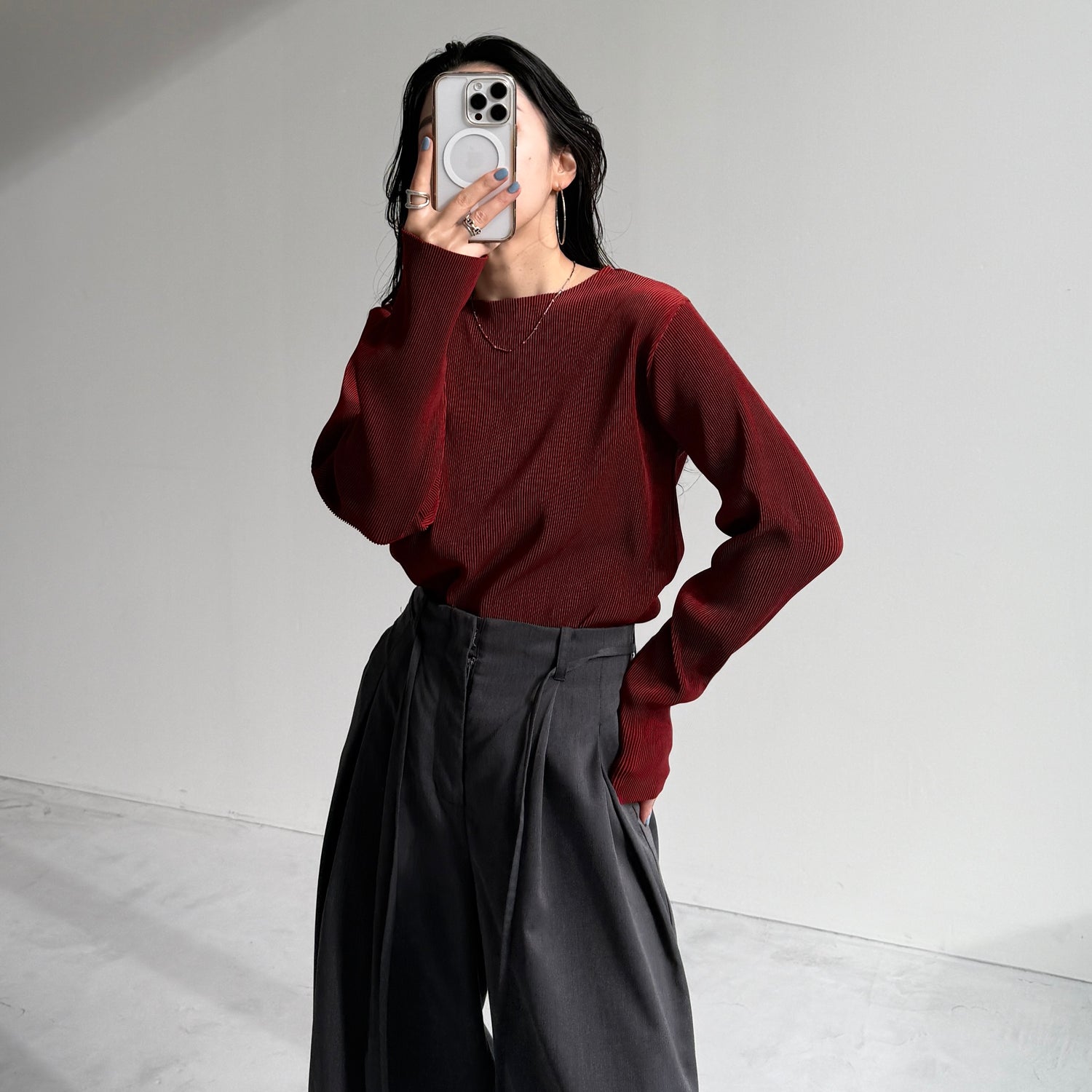 daily daily super stretch pleats tops / bordeaux [プチハイ or クルーネック]