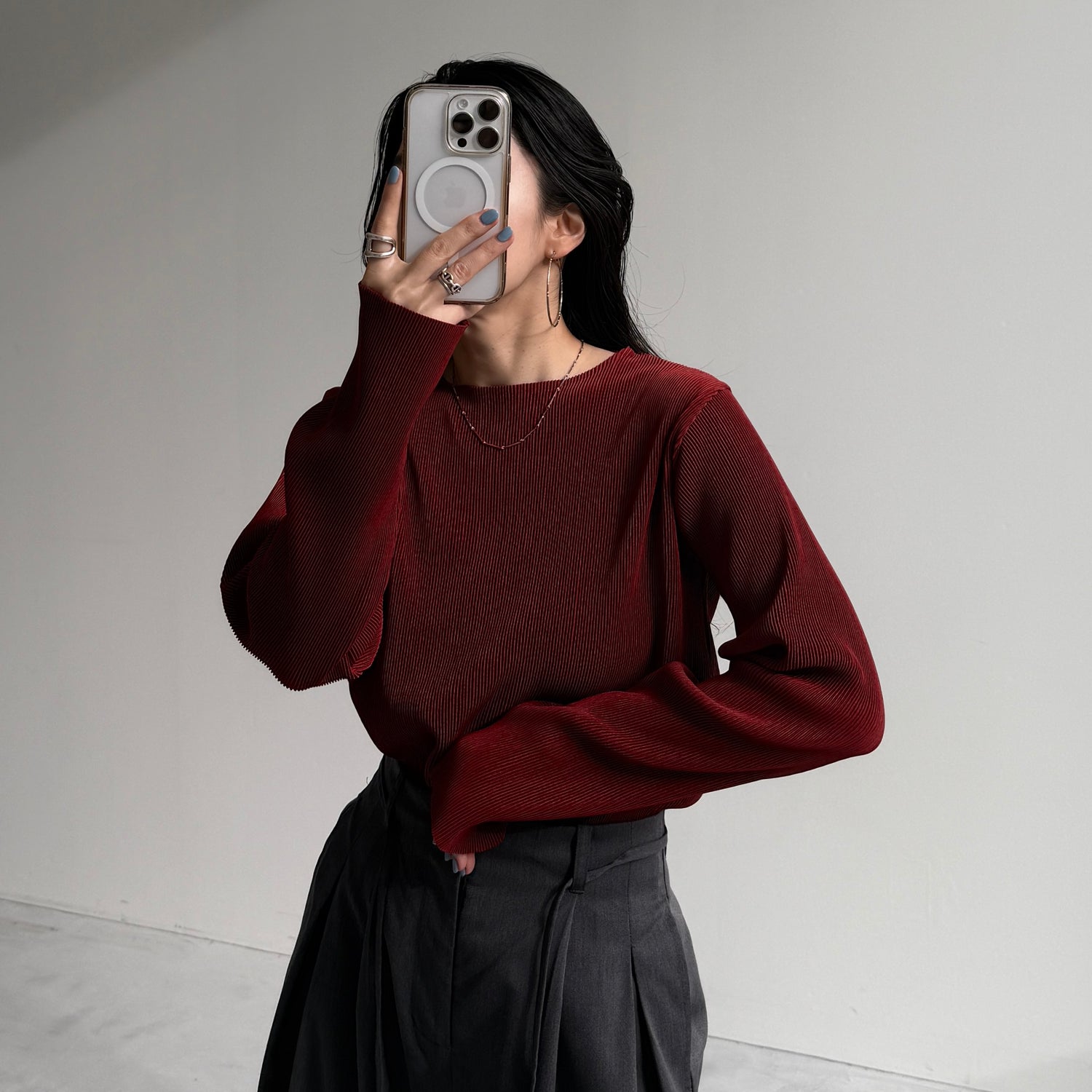 daily daily super stretch pleats tops / bordeaux [プチハイ or クルーネック]