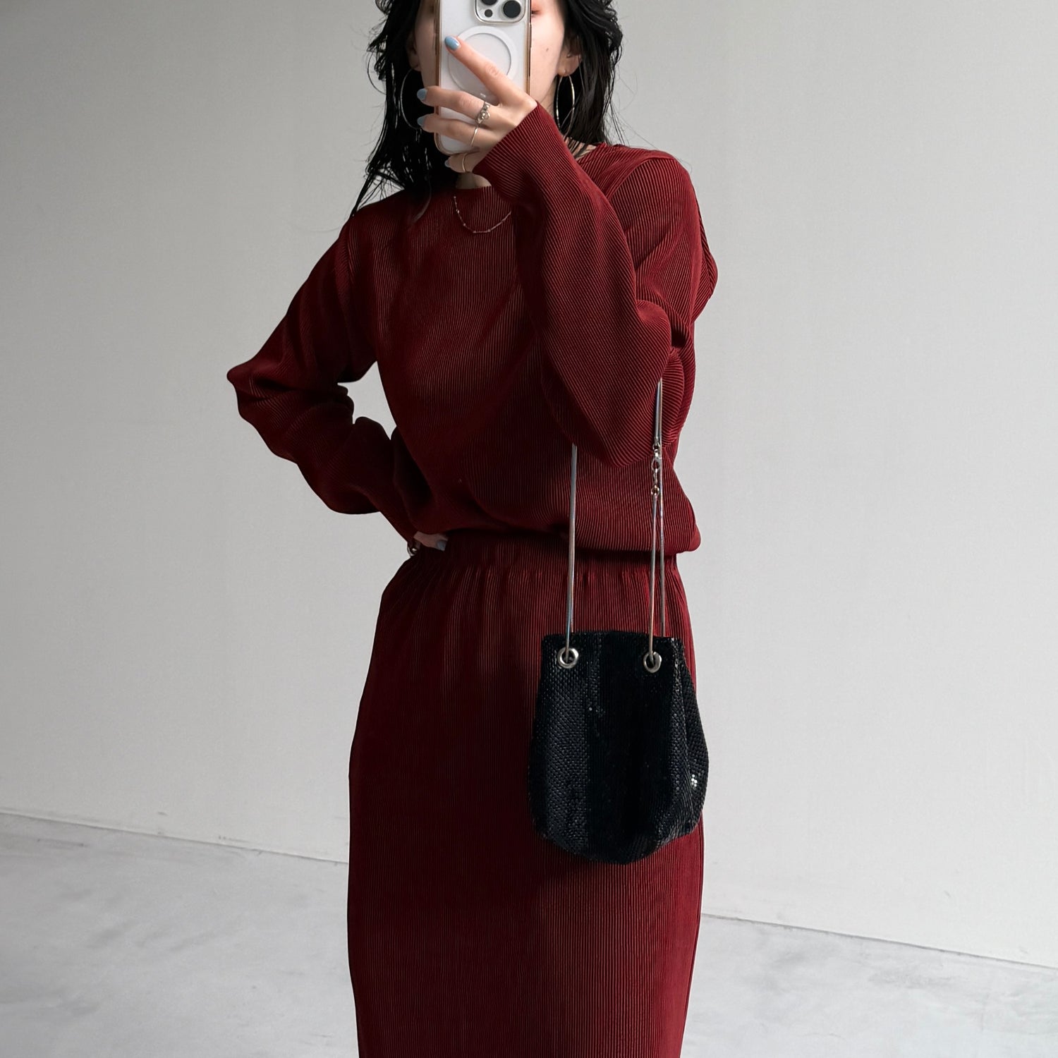 daily daily super stretch pleats tops / bordeaux [プチハイ or クルーネック]