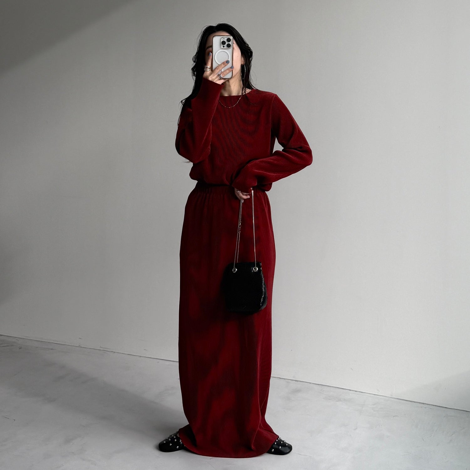 daily daily super stretch pleats skirt / bordeaux [FREE or LONG]