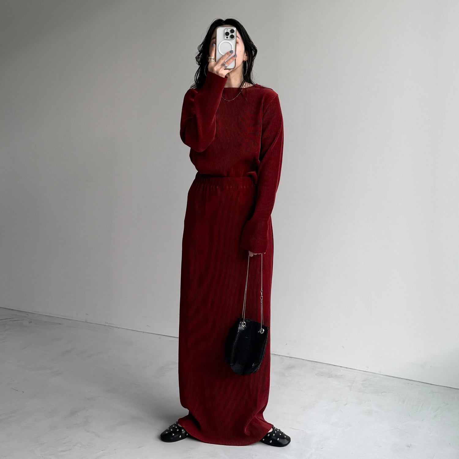 daily daily super stretch pleats tops / bordeaux [プチハイ or クルーネック]