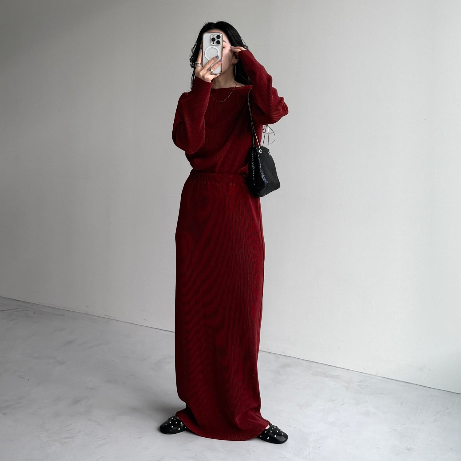 daily daily super stretch pleats tops / bordeaux [プチハイ or クルーネック]