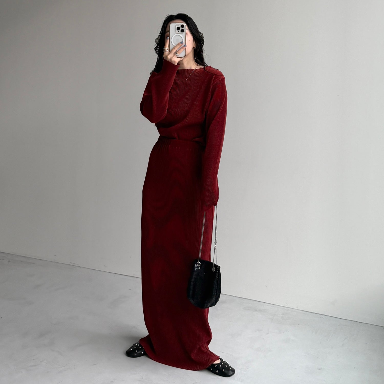 daily daily super stretch pleats skirt / bordeaux [FREE or LONG]