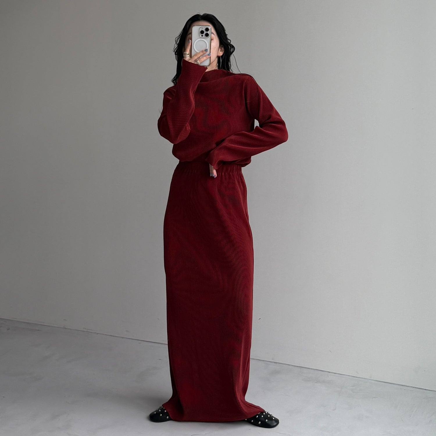 daily daily super stretch pleats skirt / bordeaux [FREE or LONG]