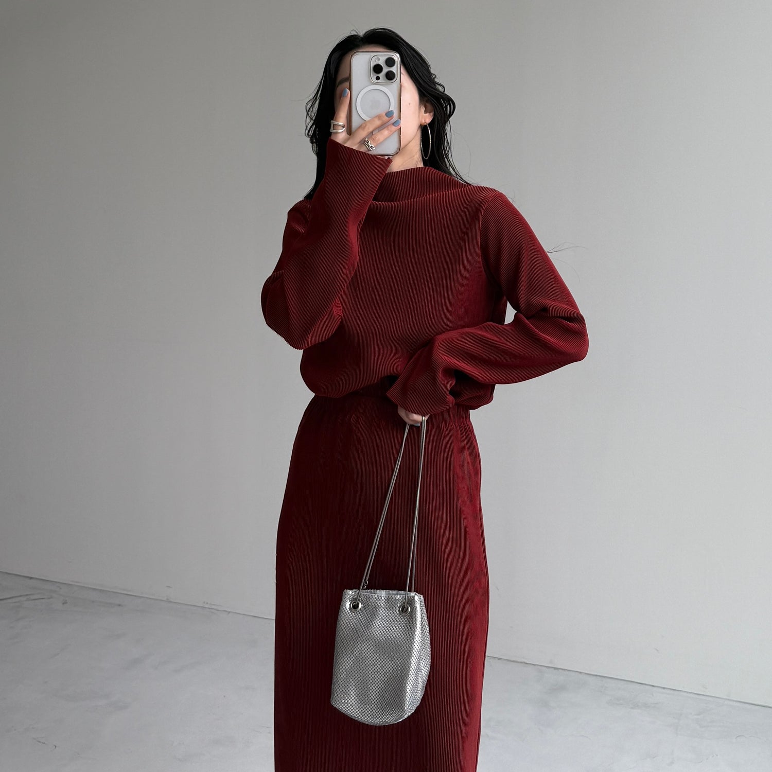 daily daily super stretch pleats tops / bordeaux [プチハイ or クルーネック]