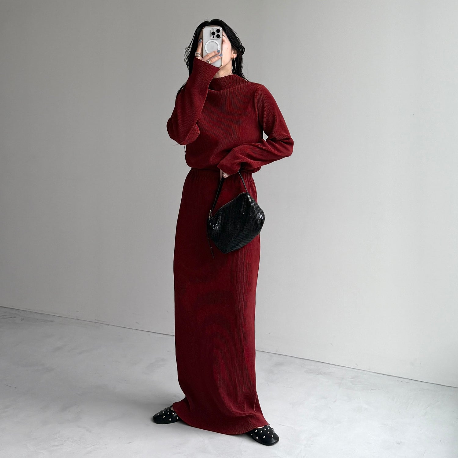 daily daily super stretch pleats tops / bordeaux [プチハイ or クルーネック]