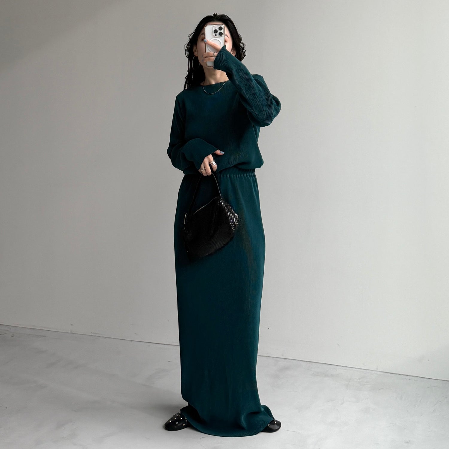 daily daily super stretch pleats skirt / dark green [FREE or LONG]