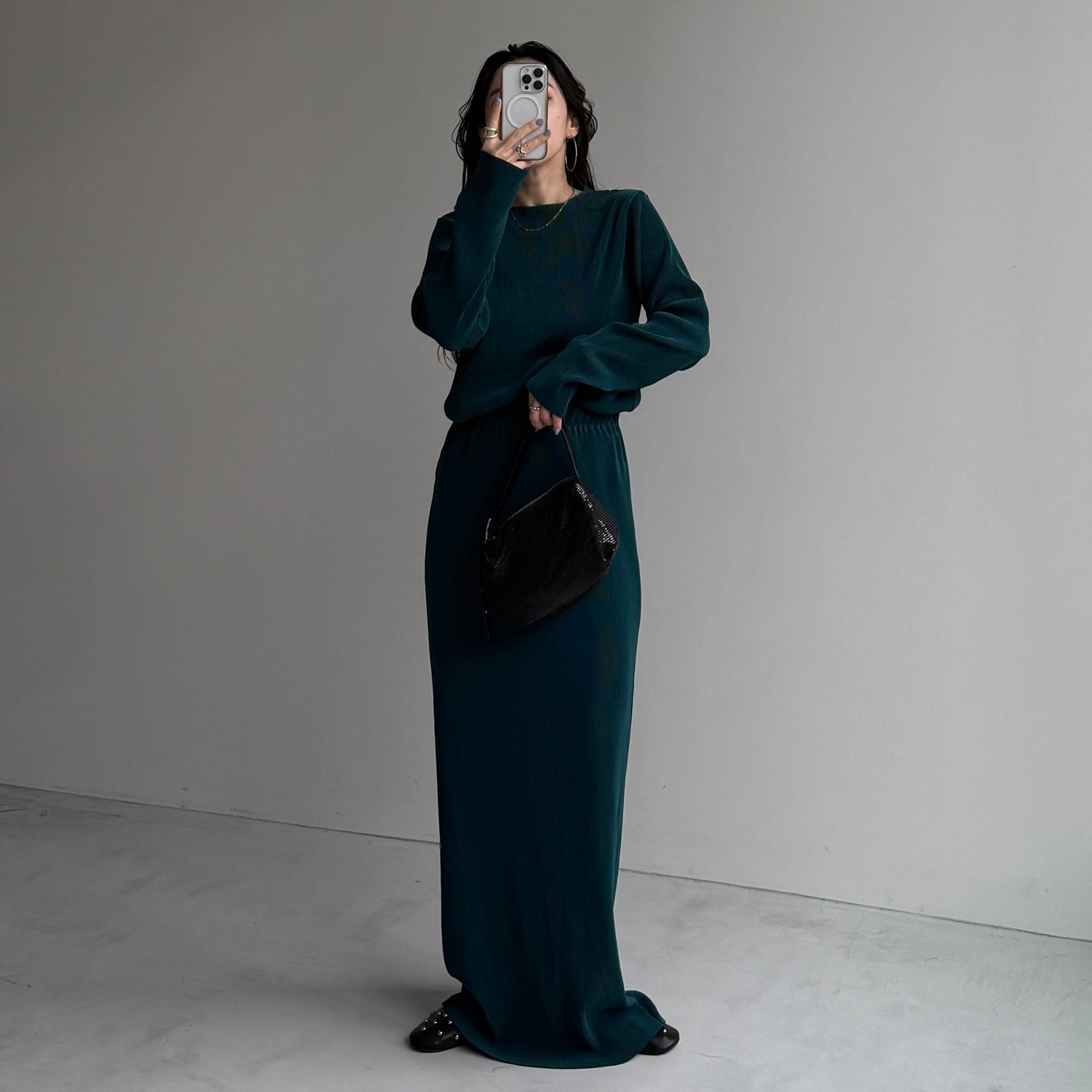 daily daily super stretch pleats tops / dark green [プチハイ or クルーネック]