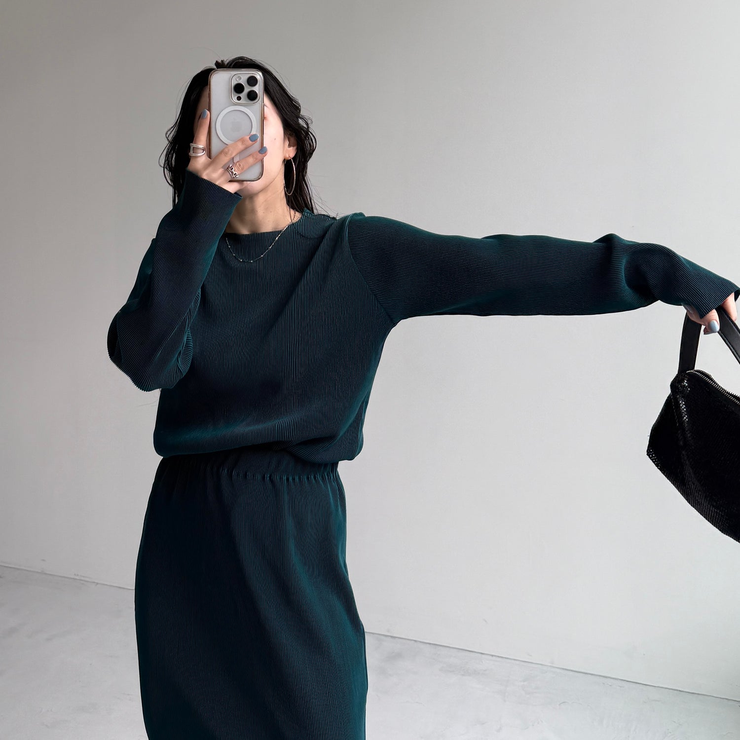 daily daily super stretch pleats tops / dark green [プチハイ or クルーネック]