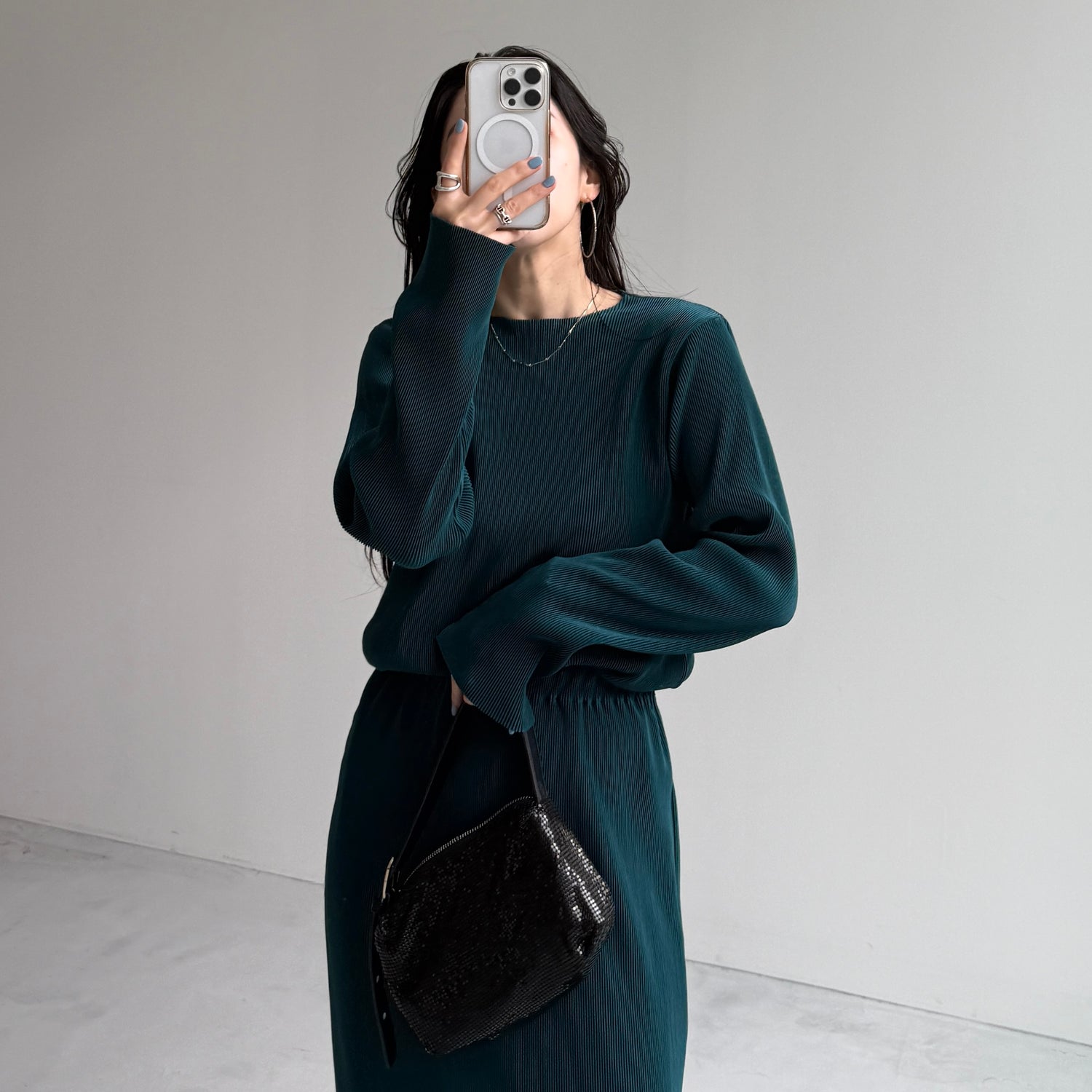 daily daily super stretch pleats tops / dark green [プチハイ or クルーネック]