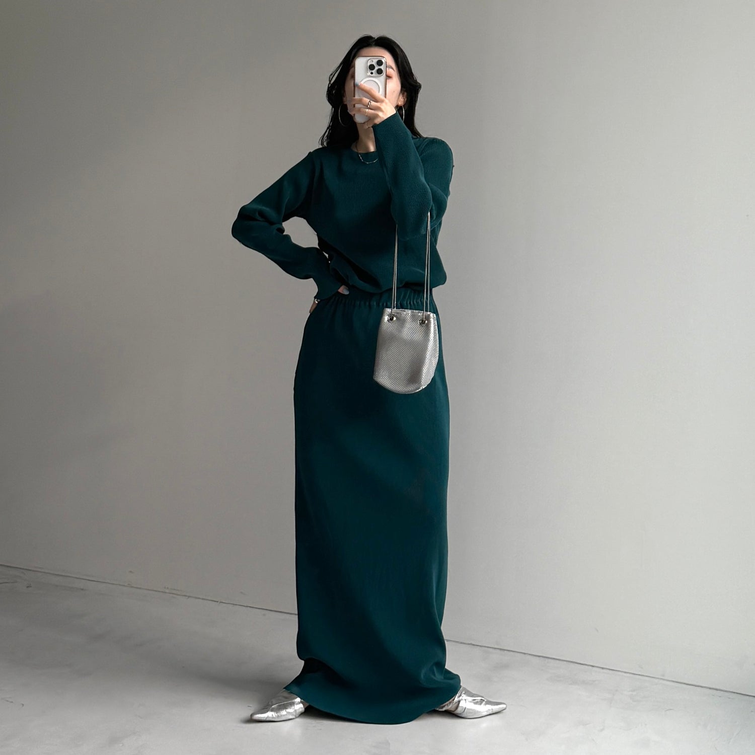 daily daily super stretch pleats skirt / dark green [FREE or LONG]