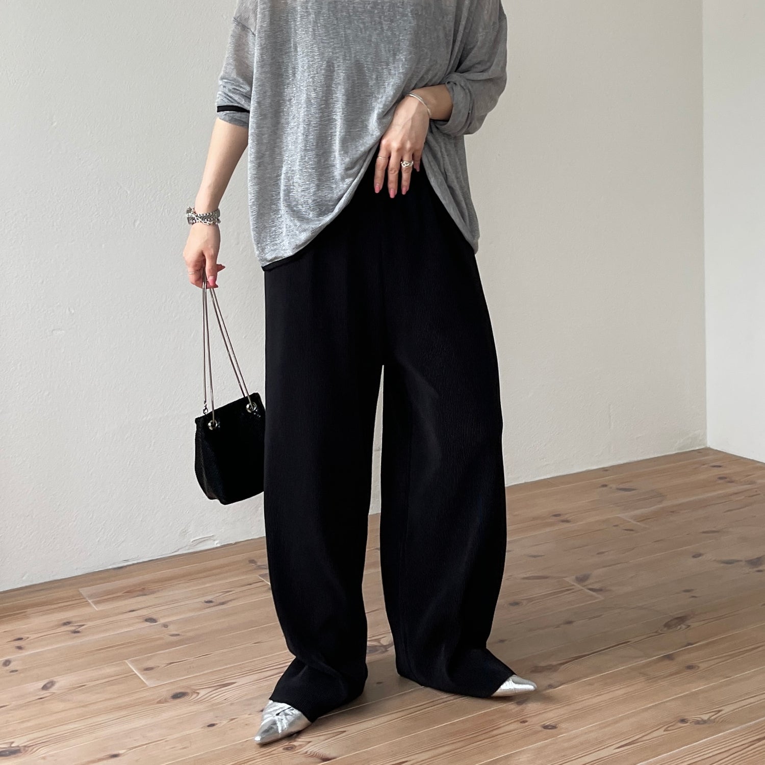 daily daily super stretch pleats wide pants / black