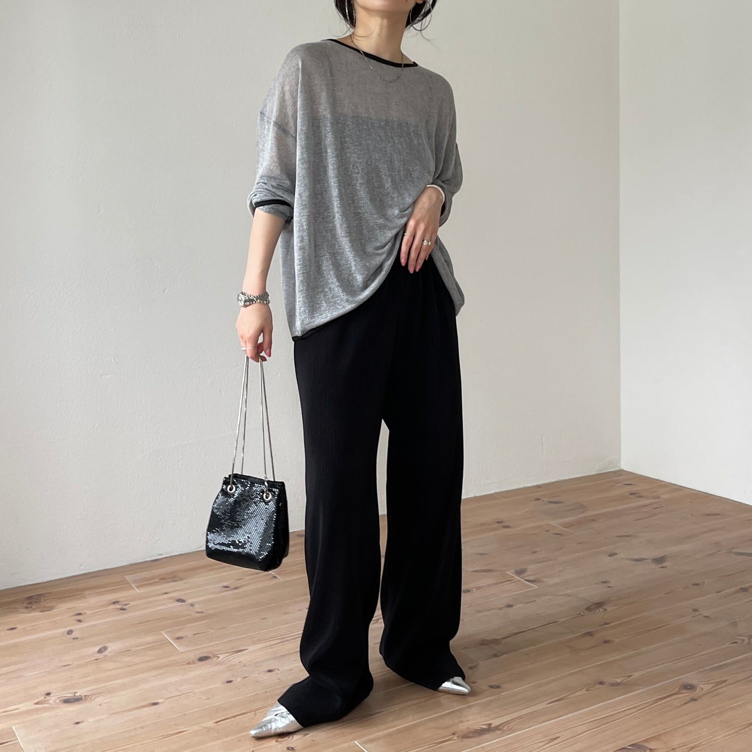 daily daily super stretch pleats wide pants / black