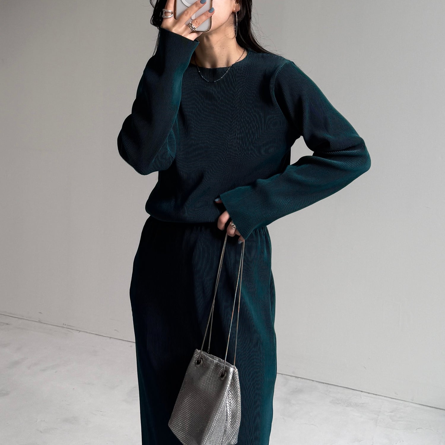 daily daily super stretch pleats tops / dark green [プチハイ or クルーネック]