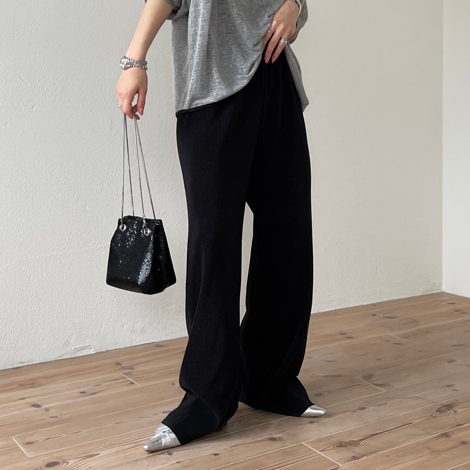 daily daily super stretch pleats wide pants / black